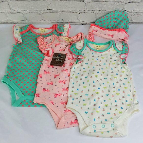 MATILDA JANE 4-PIECE SET 'ROUND TRIP CAMP' REVERSIBLE BODYSUITS & BONNET CLT. - Picture 3 of 16